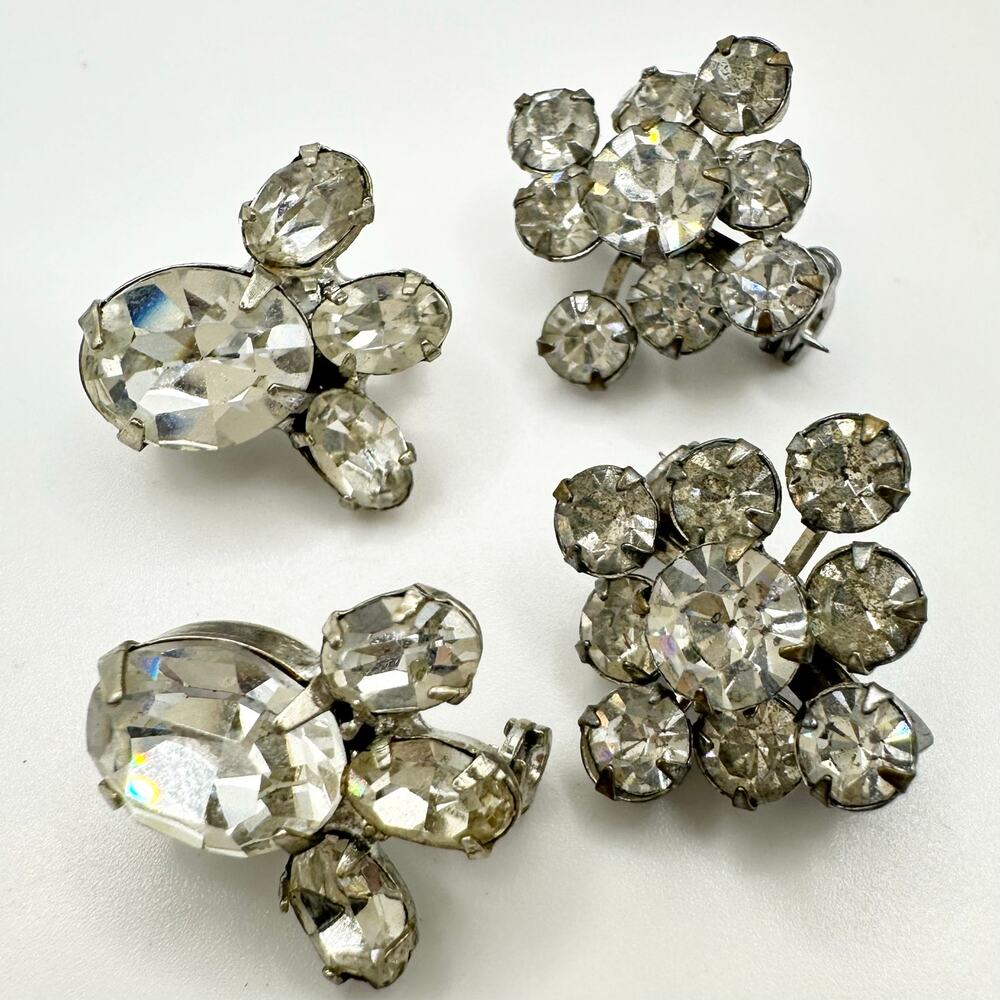 Bundle 4 vintage silver tone clear glass rhinestones brooches scatter pins